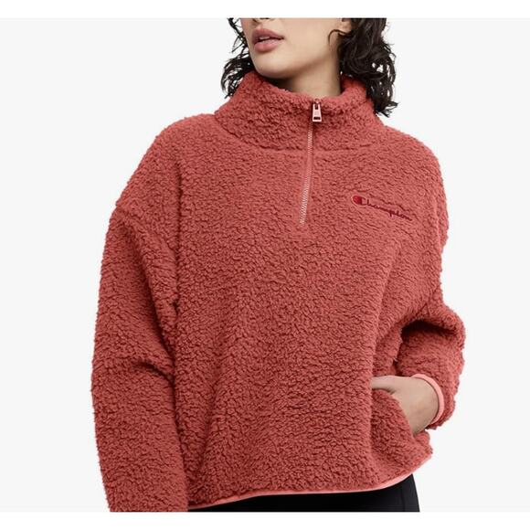 Champion Women’s Soft Cozy‎ High Pile Sherpa Quarter Zip Sweatshirt Size S Pink - Picture 1 of 6